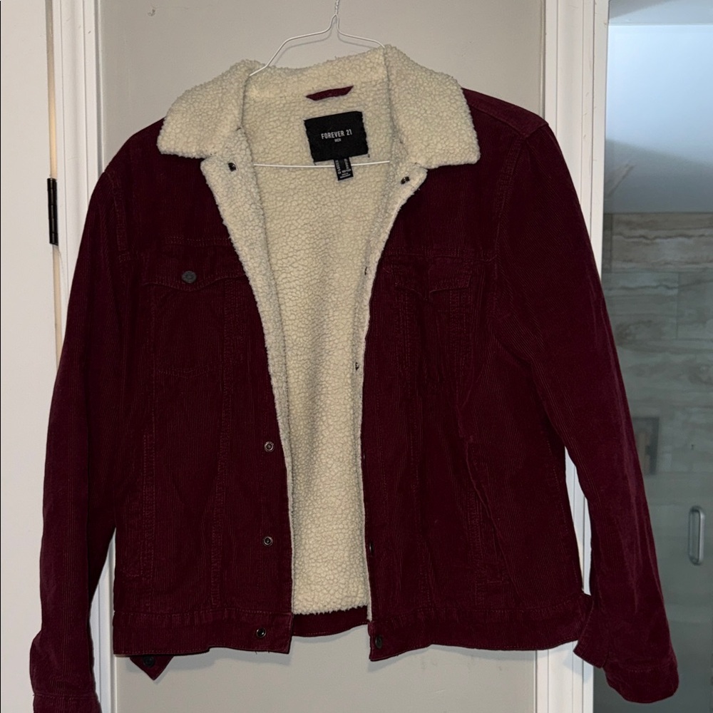 Forever 21 Burgundy Jean Jacket with Sherpa Lining